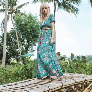 Spell & the Gypsy Collective Babushka Turquoise Maxi Dress Gown Size XS b120E